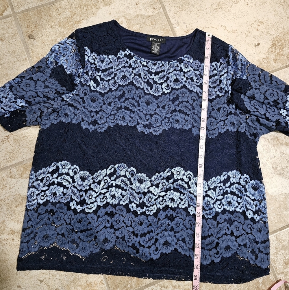 Project Women XL Blouse Navy Blue Floral Lace Long Sleeve Top Statement Coquette - Picture 5 of 6